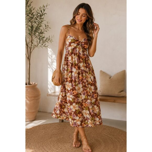 Billabong Dresses & Skirts - Billabong Tropical Floral Midi Dress Empire Waist Size L Smocked Back Hawaiian B